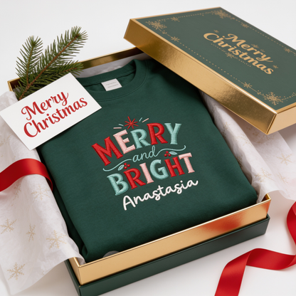 Personalized Embroidered Stay Merry & Shine Bright Sweatshirt with Custom Name