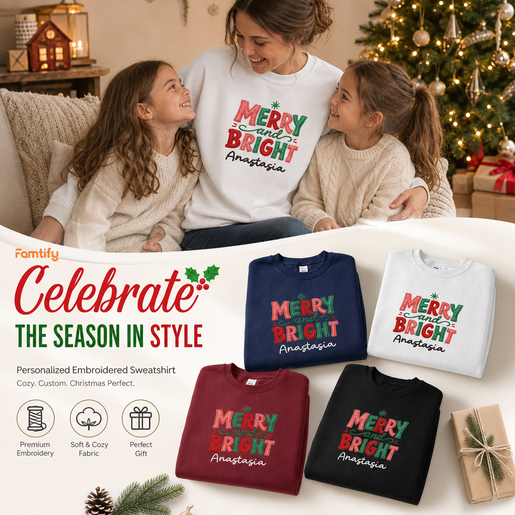 Personalized Embroidered Merry & Bright Holly Berries Sweatshirt with Custom Name