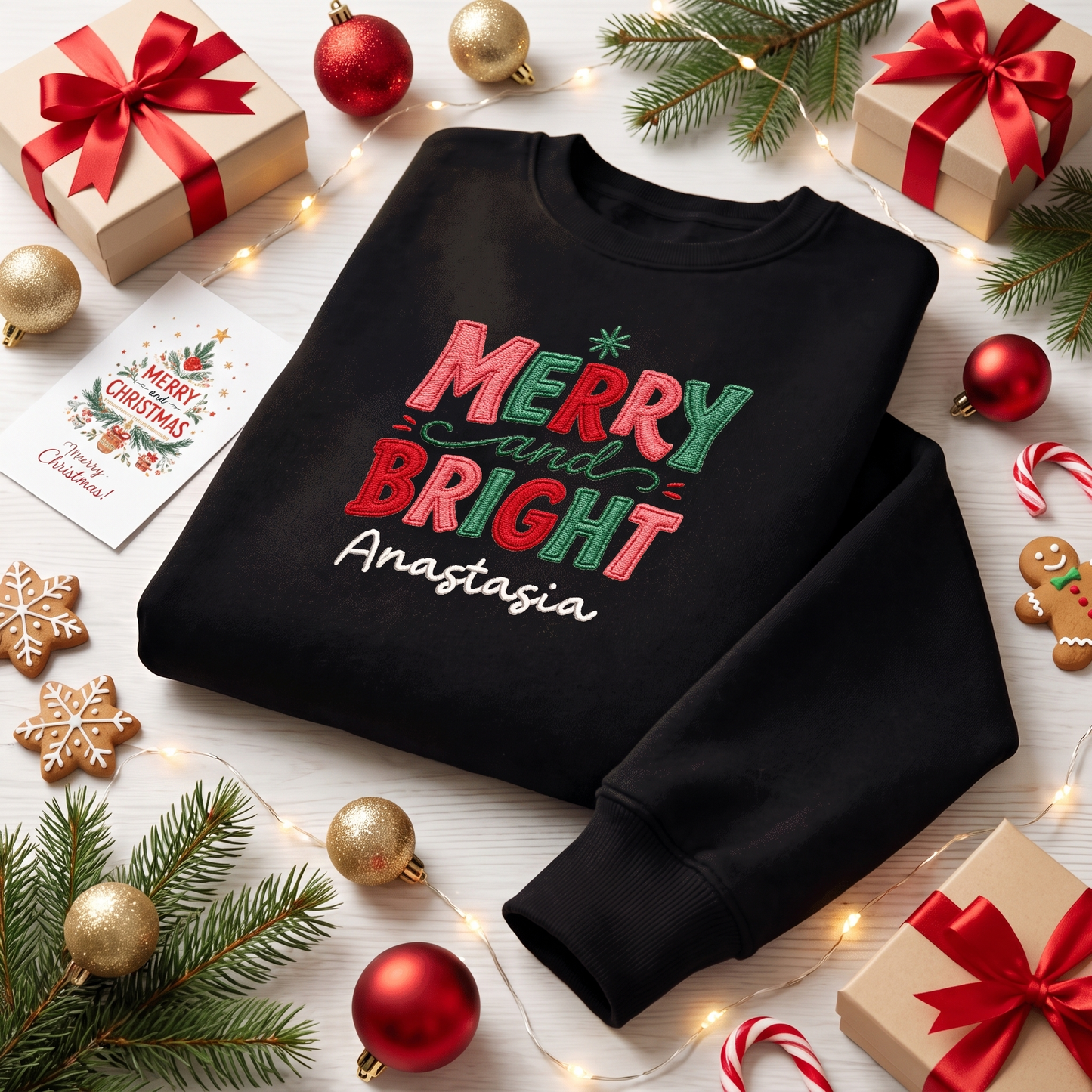 Personalized Embroidered Merry & Bright Holly Berries Sweatshirt with Custom Name