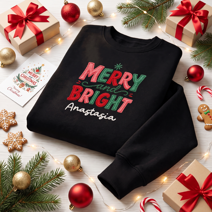 Personalized Embroidered Merry & Bright Holly Berries Sweatshirt with Custom Name