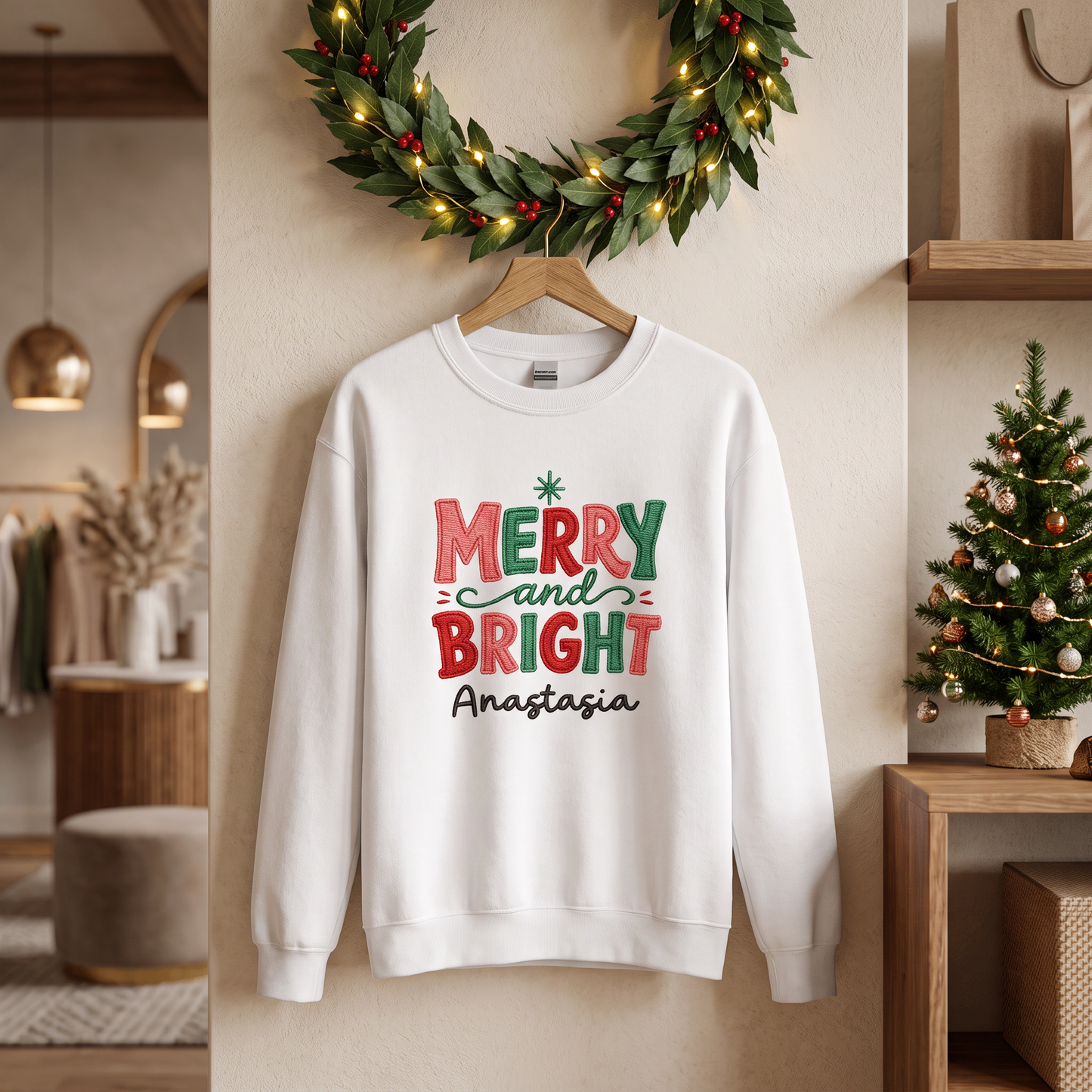 Personalized Embroidered Merry & Bright Holly Berries Sweatshirt with Custom Name