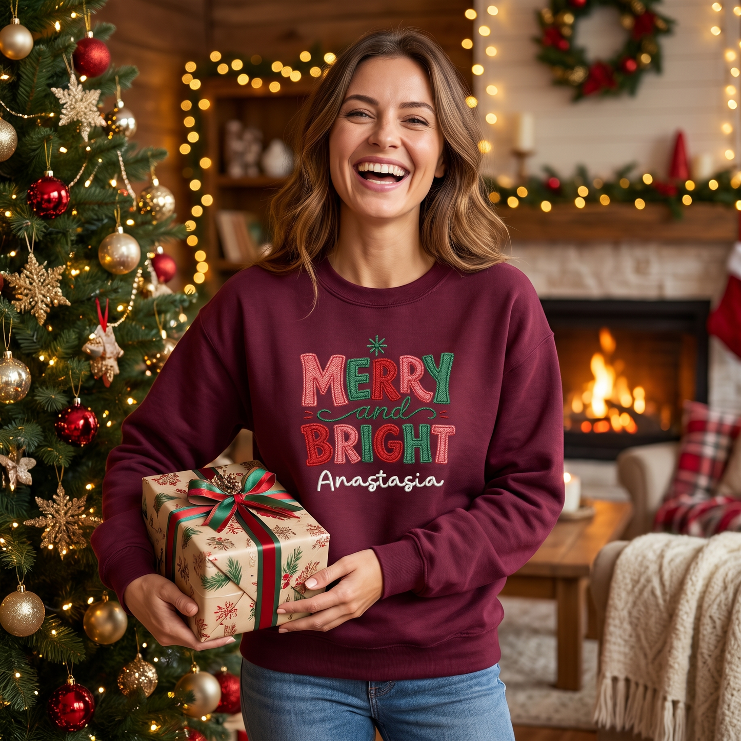 Personalized Embroidered Merry & Bright Holly Berries Sweatshirt with Custom Name