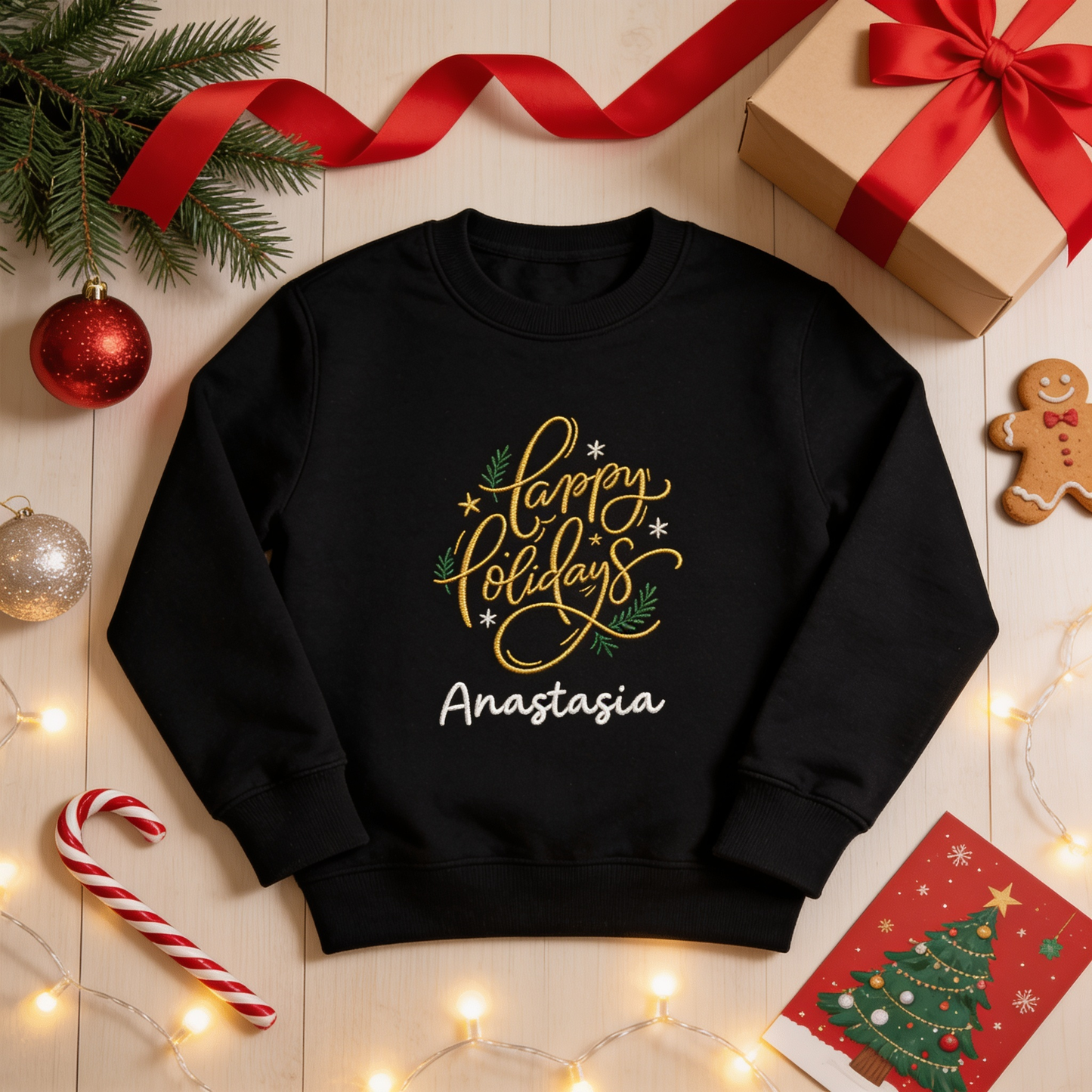 Personalized Embroidered Happy Holidays Sweatshirt with Custom Name