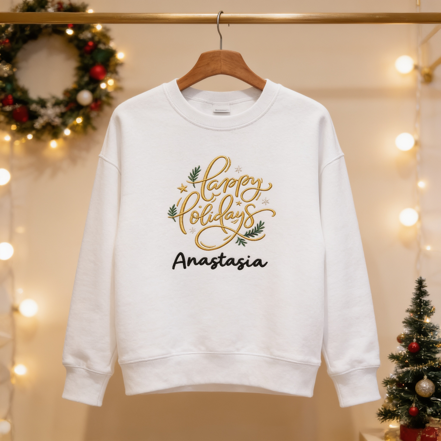 Personalized Embroidered Happy Holidays Sweatshirt with Custom Name