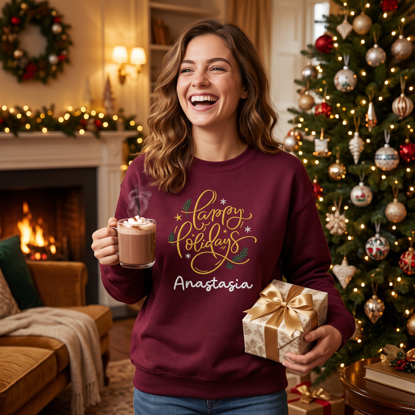 Personalized Embroidered Happy Holidays Sweatshirt with Custom Name