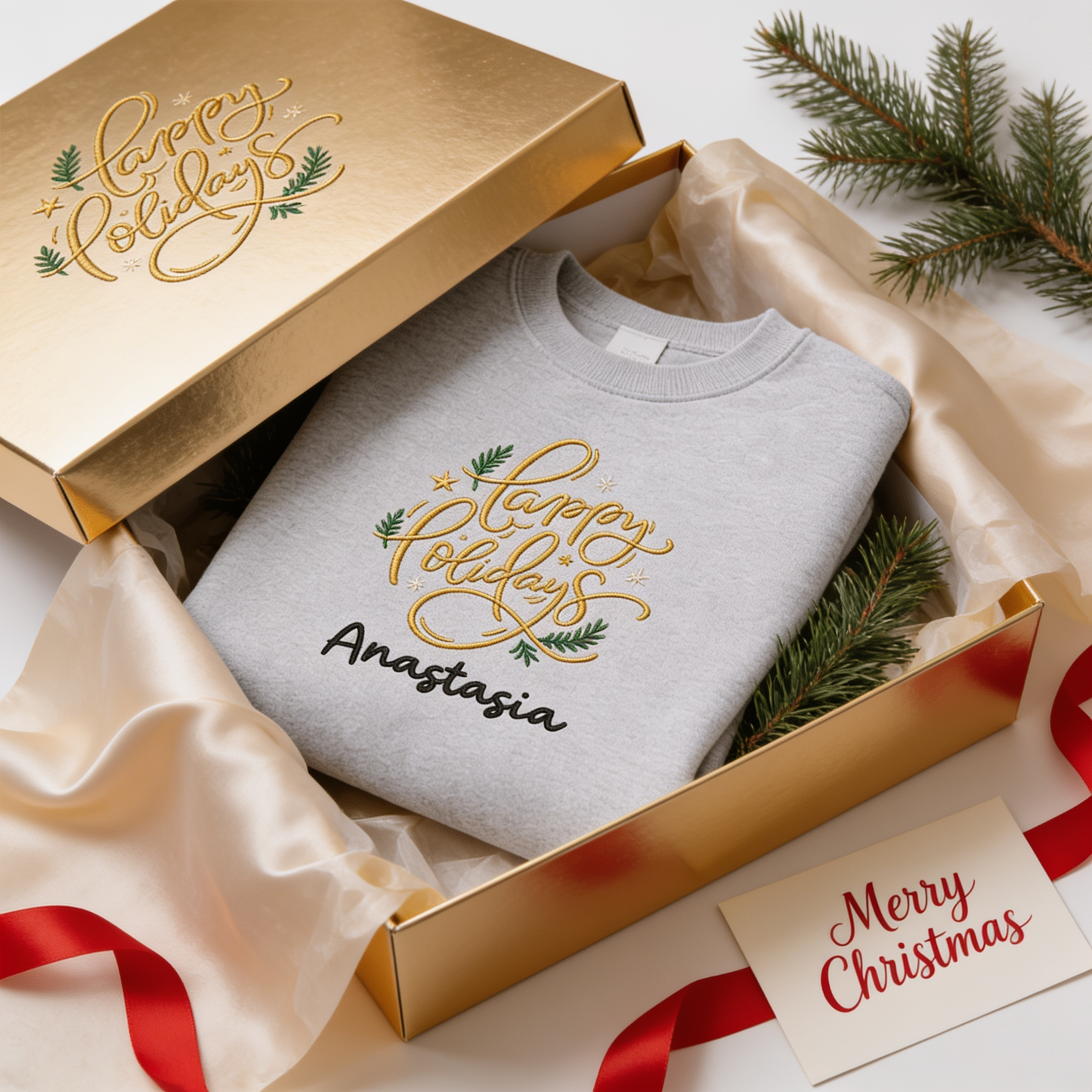 Personalized Embroidered Happy Holidays Sweatshirt with Custom Name