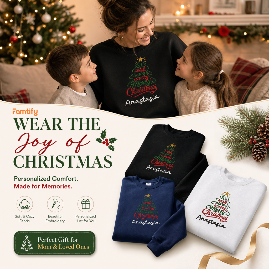 Wear the Joy of Christmas banner with the script tree sweatshirt in black, navy and white
