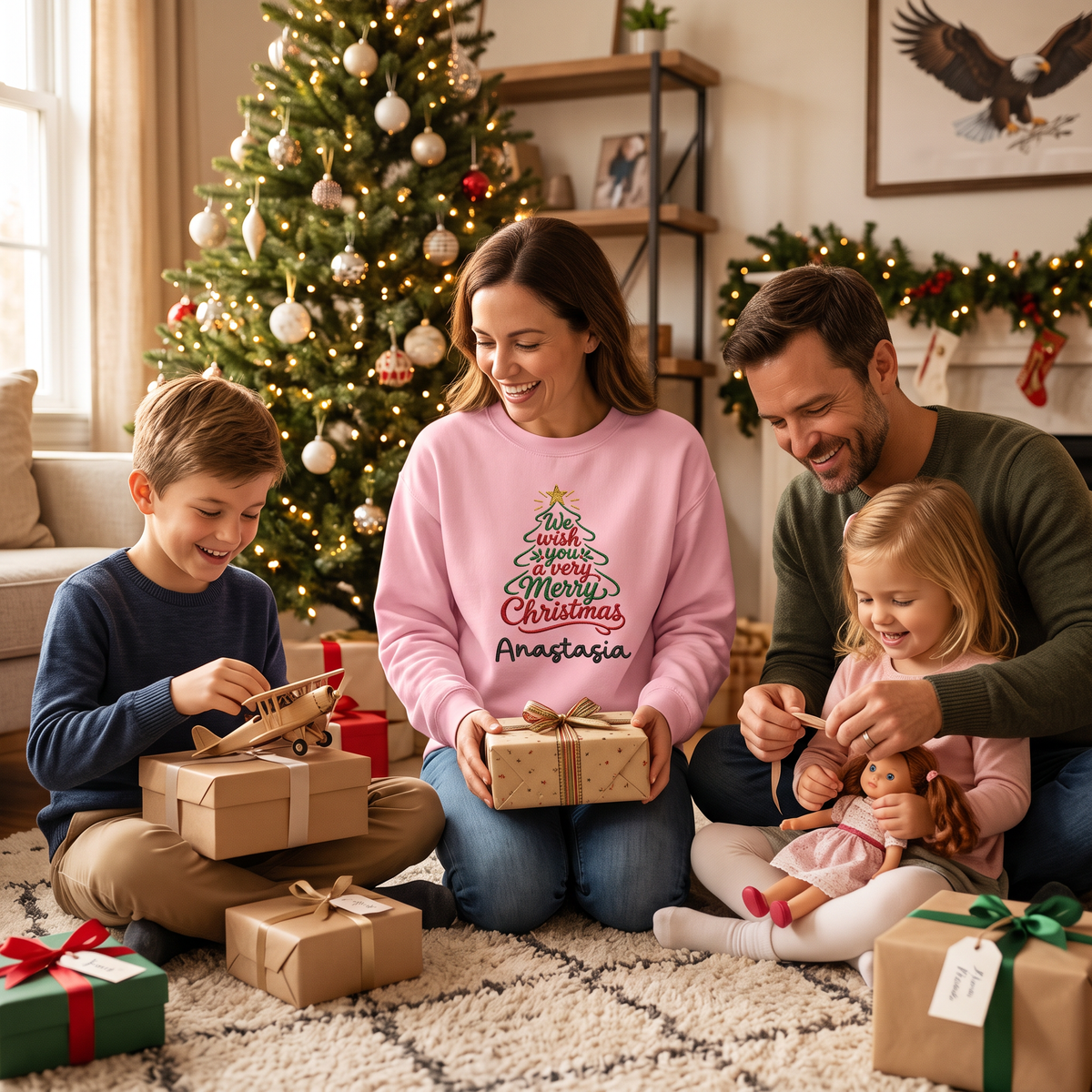 Family opening gifts with mom in a pink We Wish You a Merry Christmas tree sweatshirt