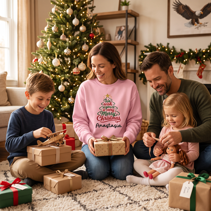 Family opening gifts with mom in a pink We Wish You a Merry Christmas tree sweatshirt