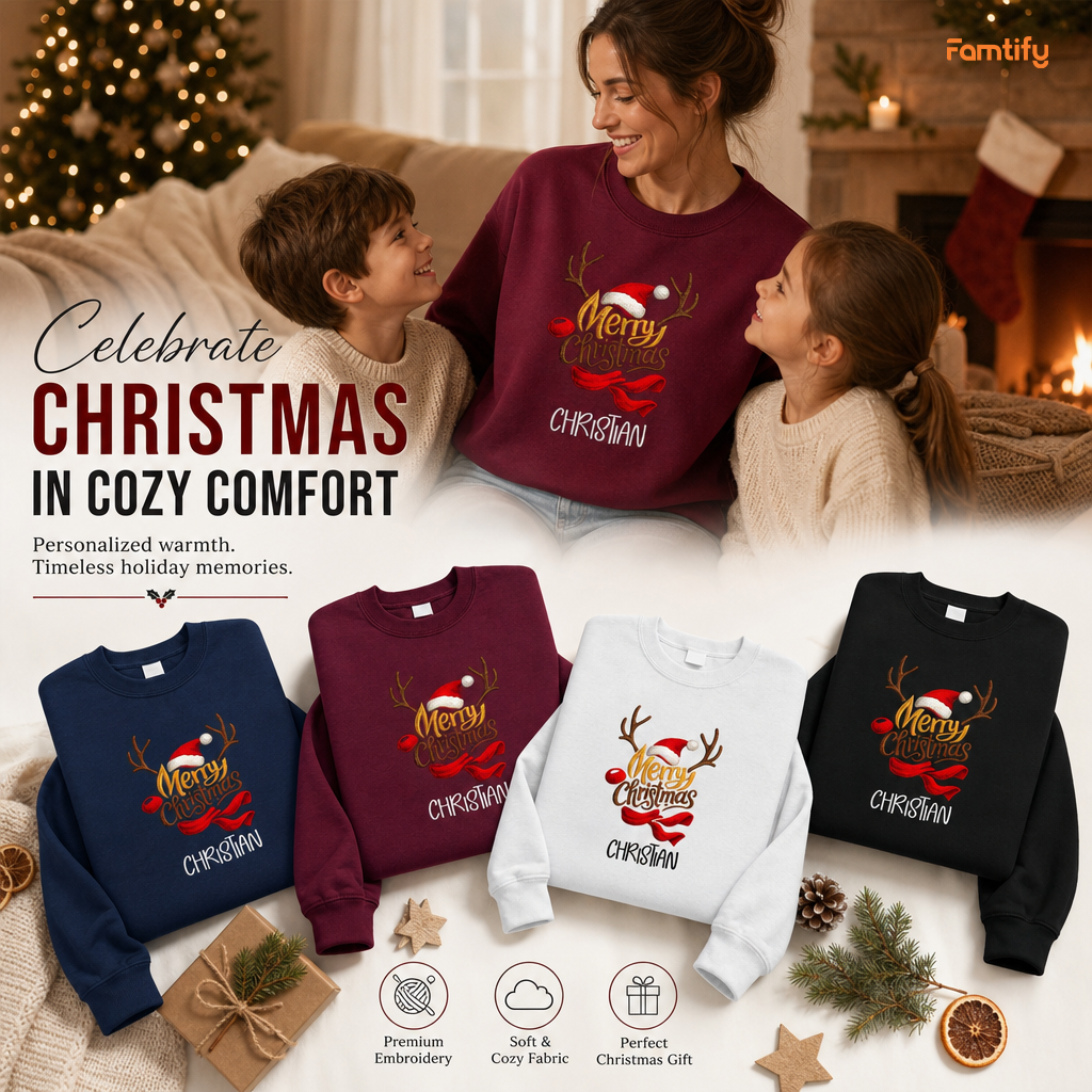 Celebrate Christmas in Cozy Comfort banner with the reindeer sweatshirt in four colors