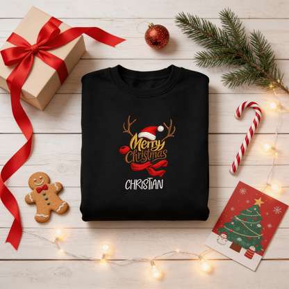 Black Merry Christmas reindeer name sweatshirt with gingerbread and a Christmas card