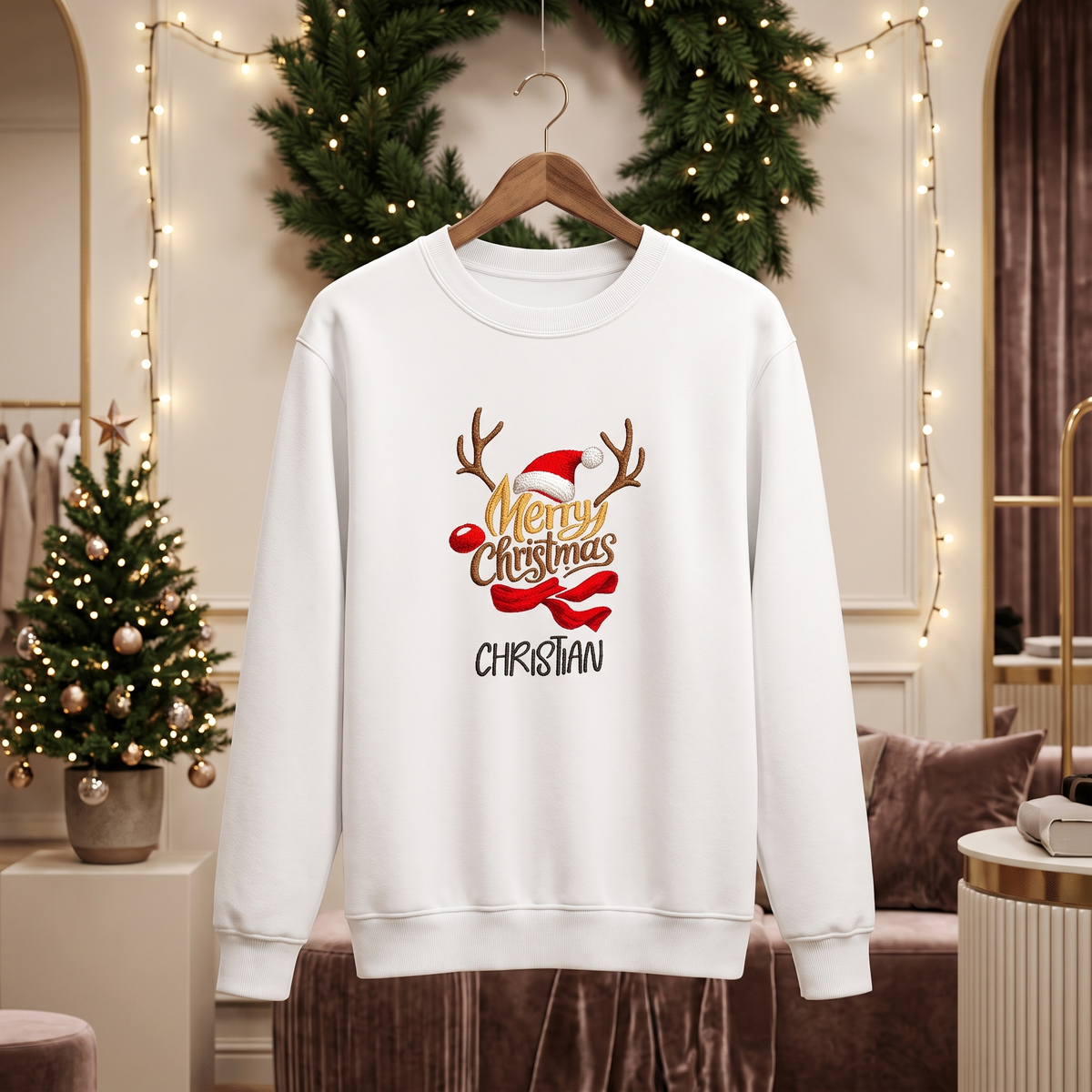 White Merry Christmas reindeer antlers sweatshirt on a hanger by a wreath