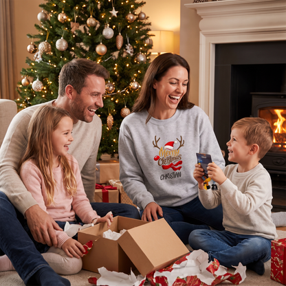 Family opening gifts with mom in a grey Merry Christmas reindeer antlers sweatshirt