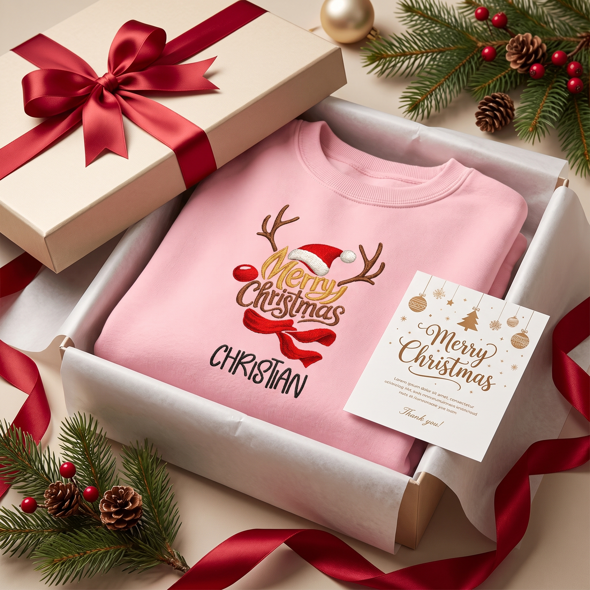 Pink Merry Christmas reindeer name sweatshirt in a gift box with a Merry Christmas card
