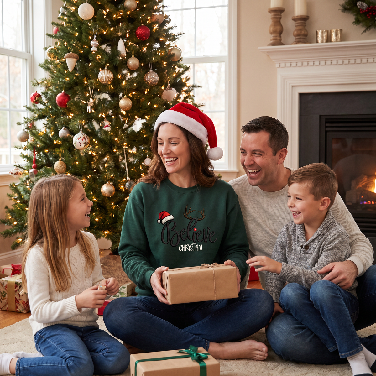 Family opening gifts with mom in a green Believe reindeer antlers sweatshirt
