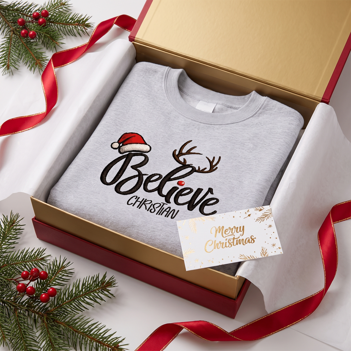Heather grey Believe antlers name sweatshirt in a gold gift box with a Merry Christmas card