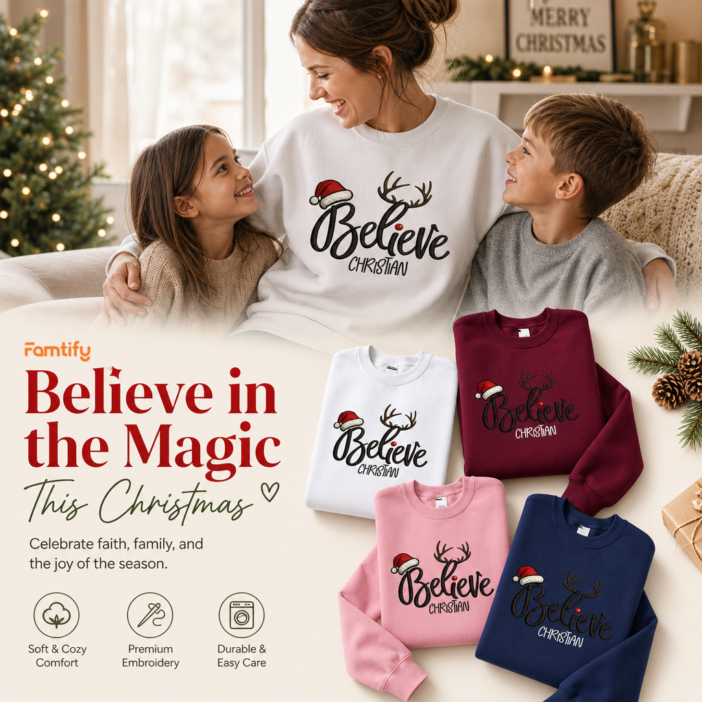 Believe in the Magic This Christmas banner with the Believe antlers sweatshirt in four colors
