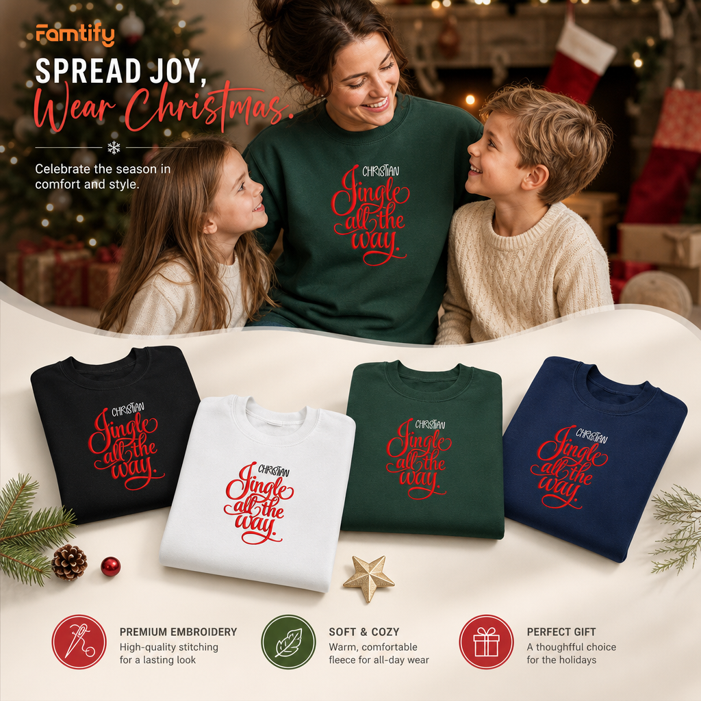Spread Joy, Wear Christmas banner with the Jingle All the Way sweatshirt in four colors