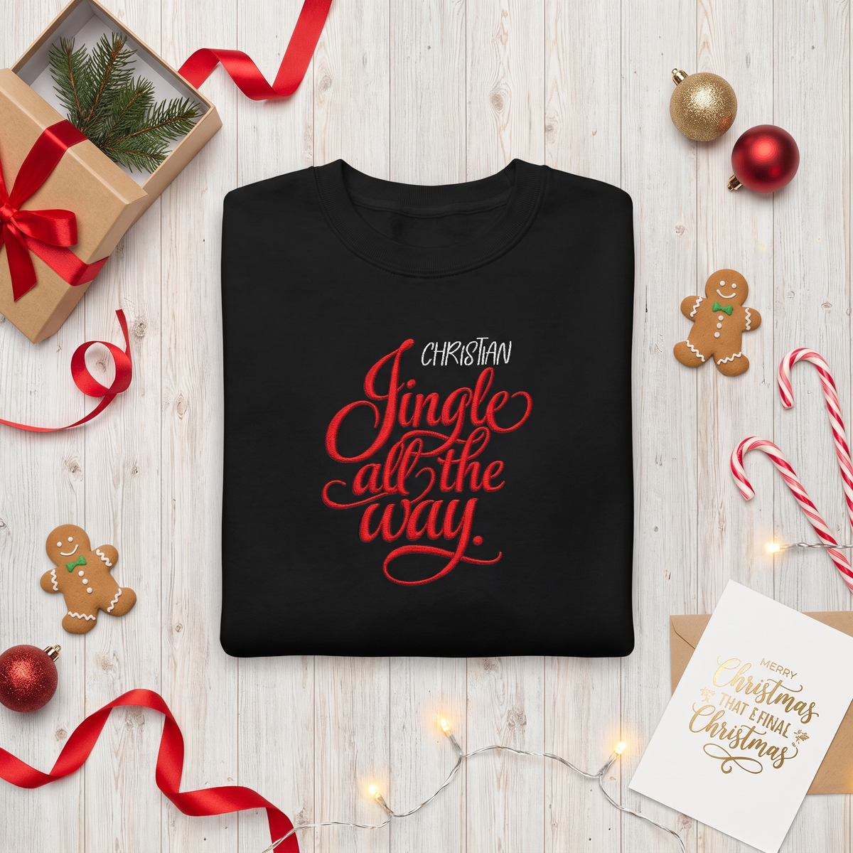 Black Jingle All the Way name sweatshirt with gingerbread cookies and candy canes