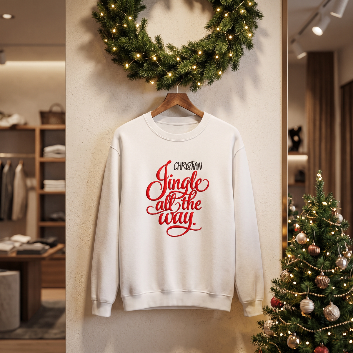 White Jingle All the Way sweatshirt on a hanger by a wreath