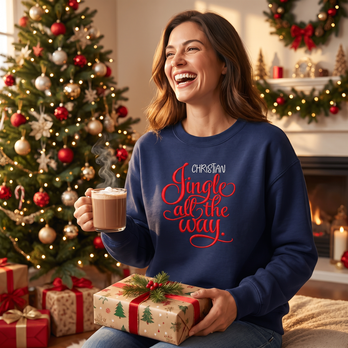 Laughing woman in a navy Jingle All the Way sweatshirt holding cocoa and a gift
