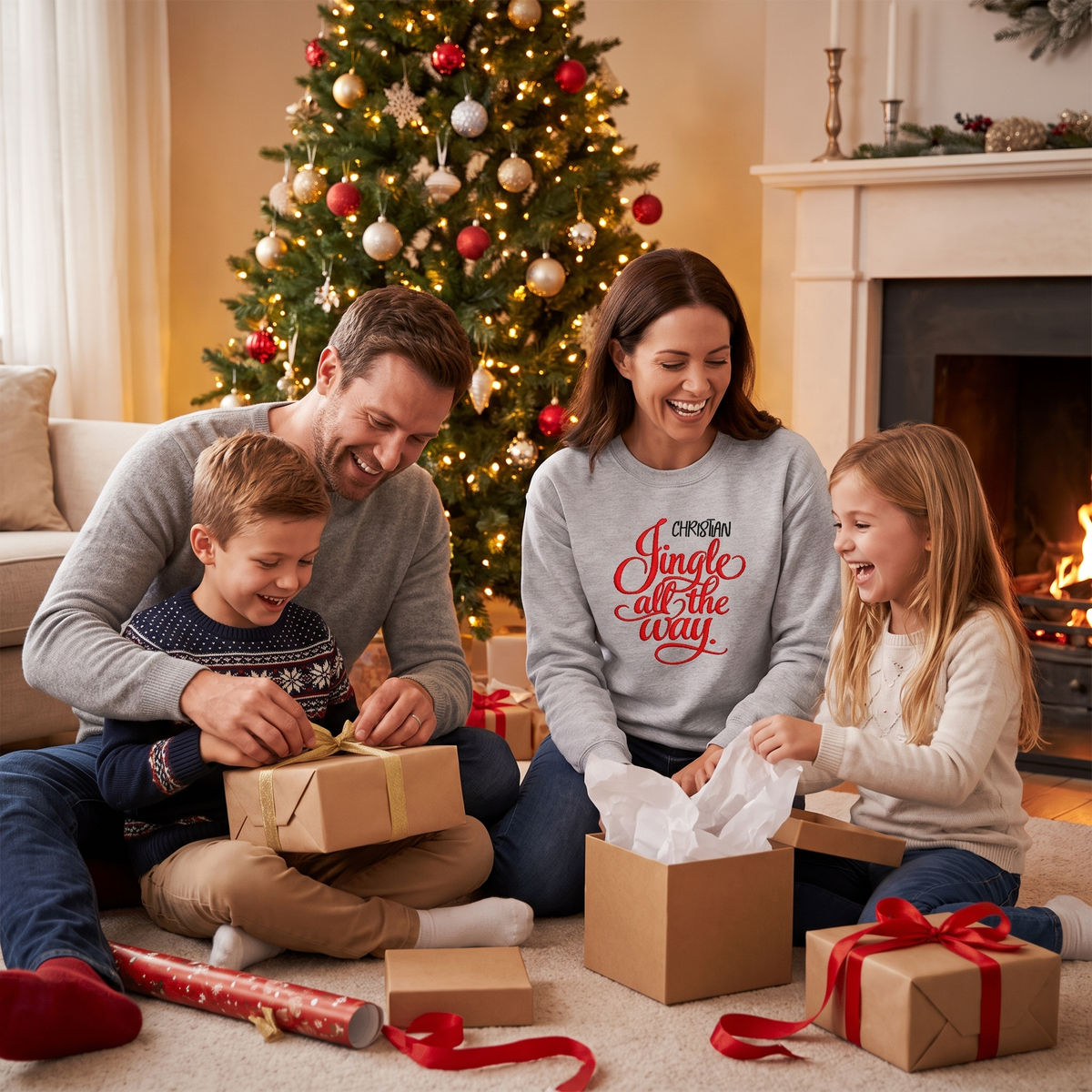 Family opening gifts with mom in a grey Jingle All the Way name sweatshirt