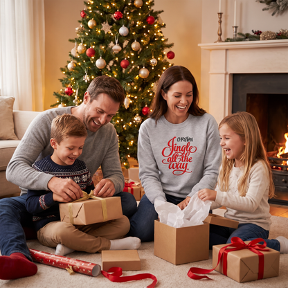 Family opening gifts with mom in a grey Jingle All the Way name sweatshirt