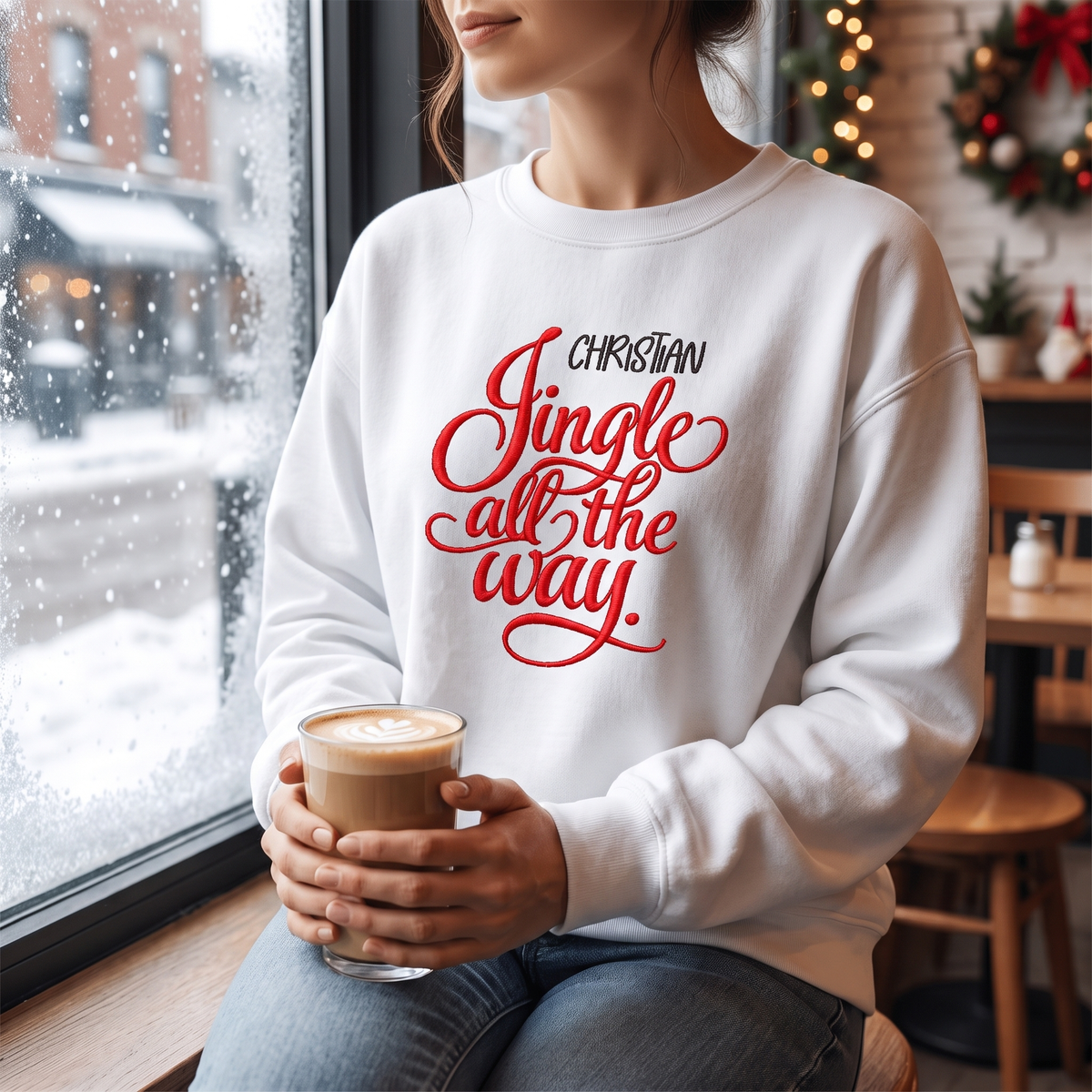 Woman in a white sweatshirt embroidered with red Jingle All the Way script and a custom name, holding a latte