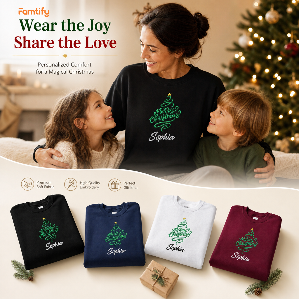 Personalized Embroidered Merry Christmas Tree Sweatshirt with Custom Name