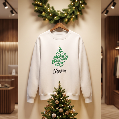 Personalized Embroidered Merry Christmas Tree Sweatshirt with Custom Name