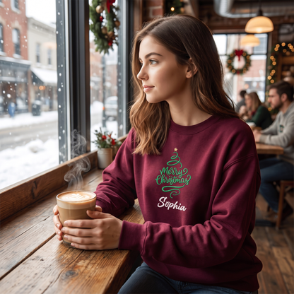 Personalized Embroidered Merry Christmas Tree Sweatshirt with Custom Name