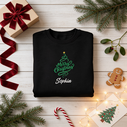 Personalized Embroidered Merry Christmas Tree Sweatshirt with Custom Name