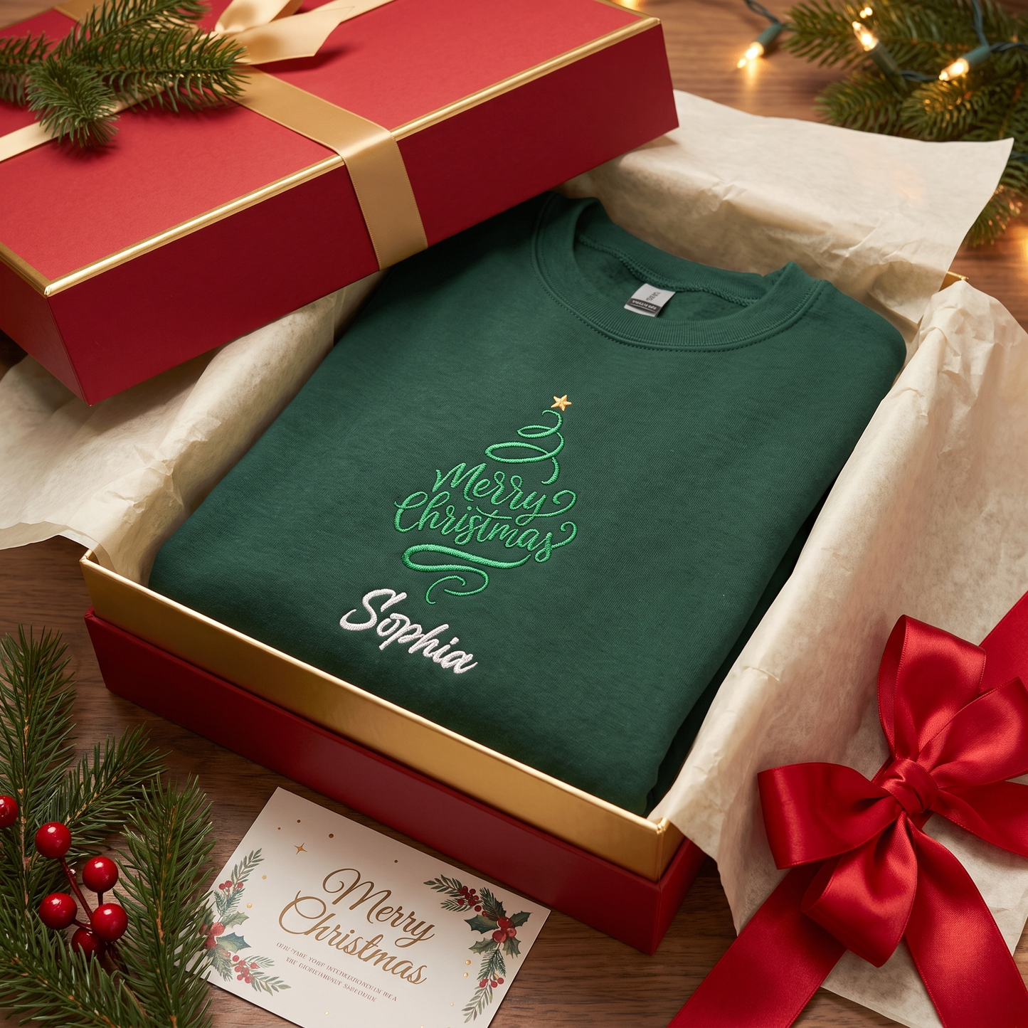 Personalized Embroidered Merry Christmas Tree Sweatshirt with Custom Name