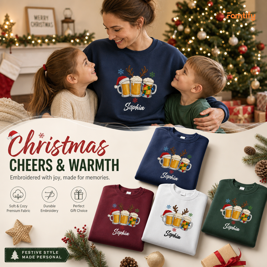 Personalized Embroidered Christmas Beer Mugs Sweatshirt with Custom Name