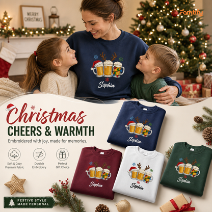 Personalized Embroidered Christmas Beer Mugs Sweatshirt with Custom Name