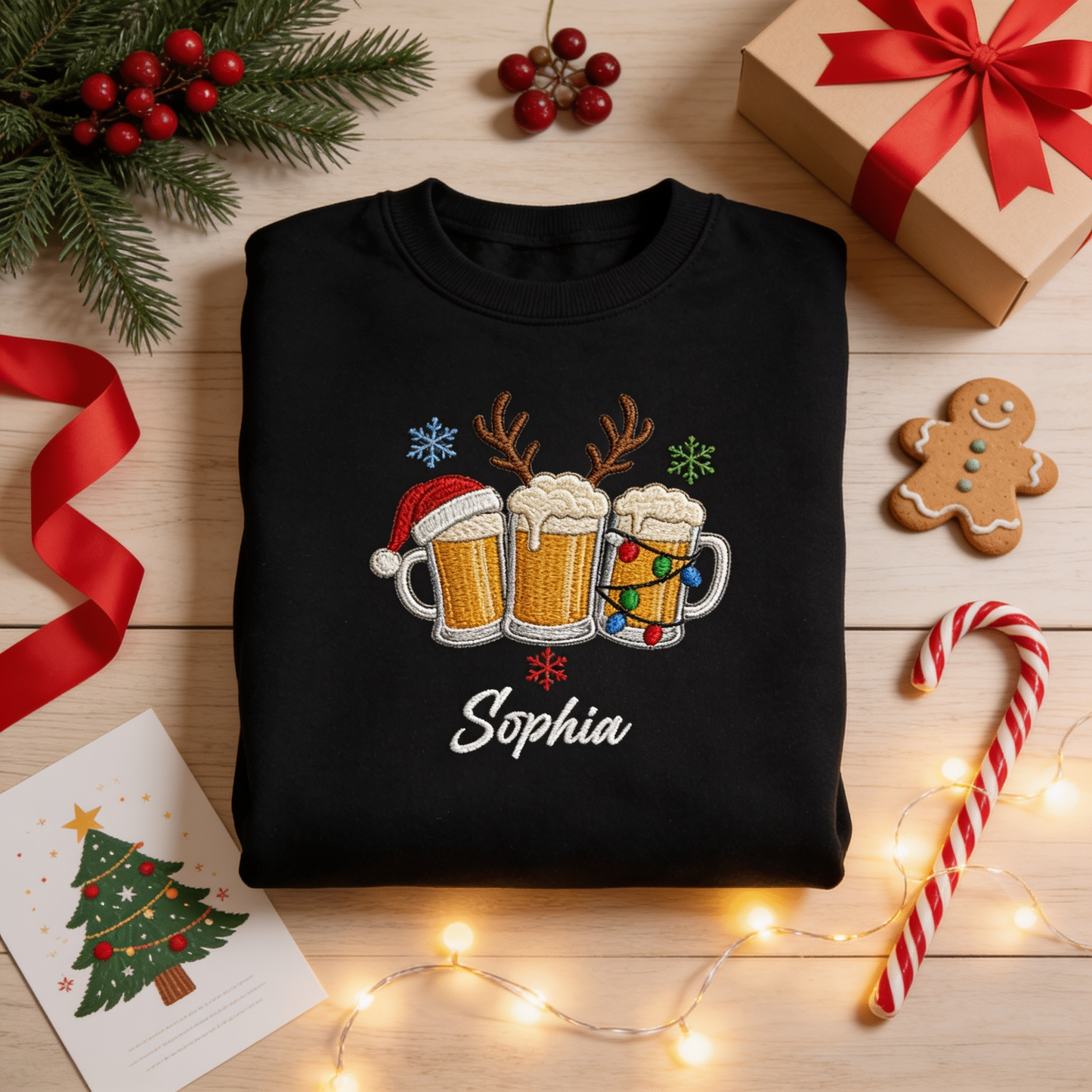 Personalized Embroidered Christmas Beer Mugs Sweatshirt with Custom Name