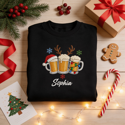 Personalized Embroidered Christmas Beer Mugs Sweatshirt with Custom Name