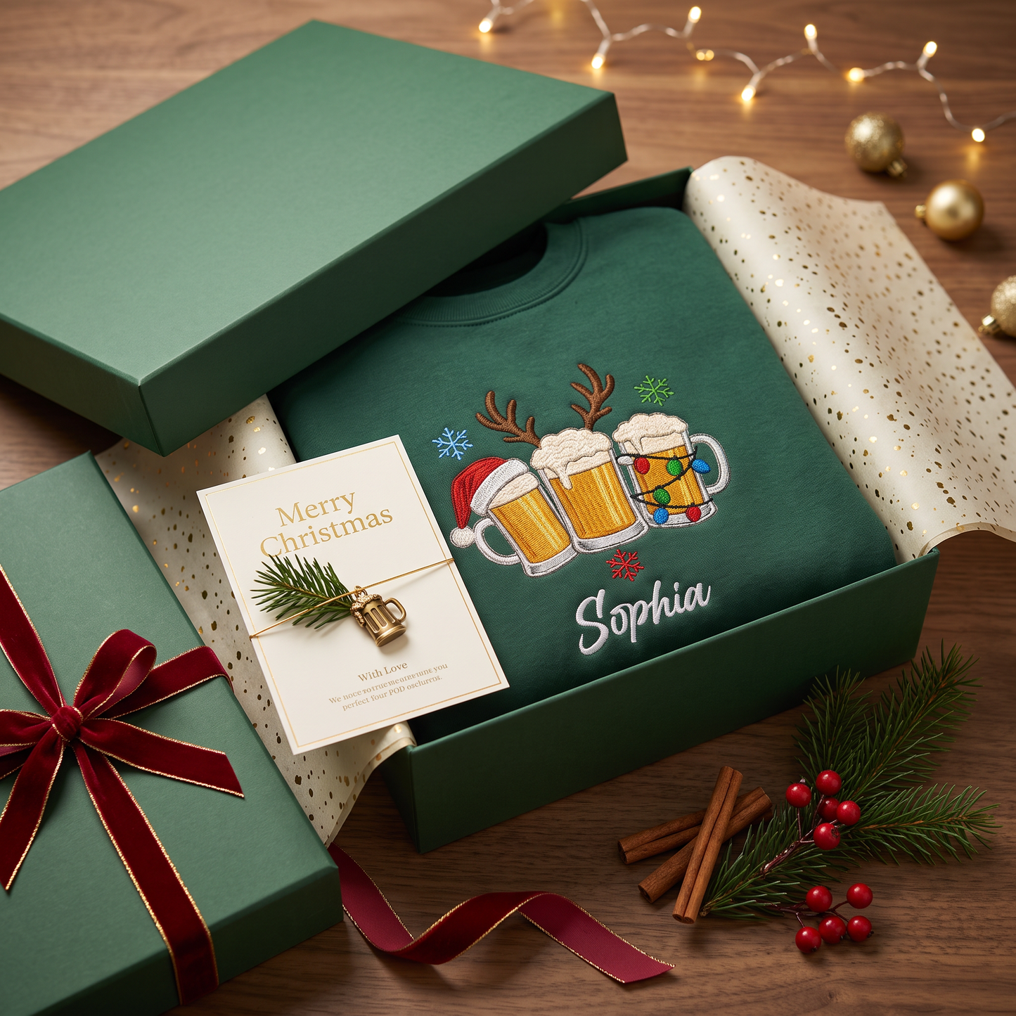 Personalized Embroidered Christmas Beer Mugs Sweatshirt with Custom Name