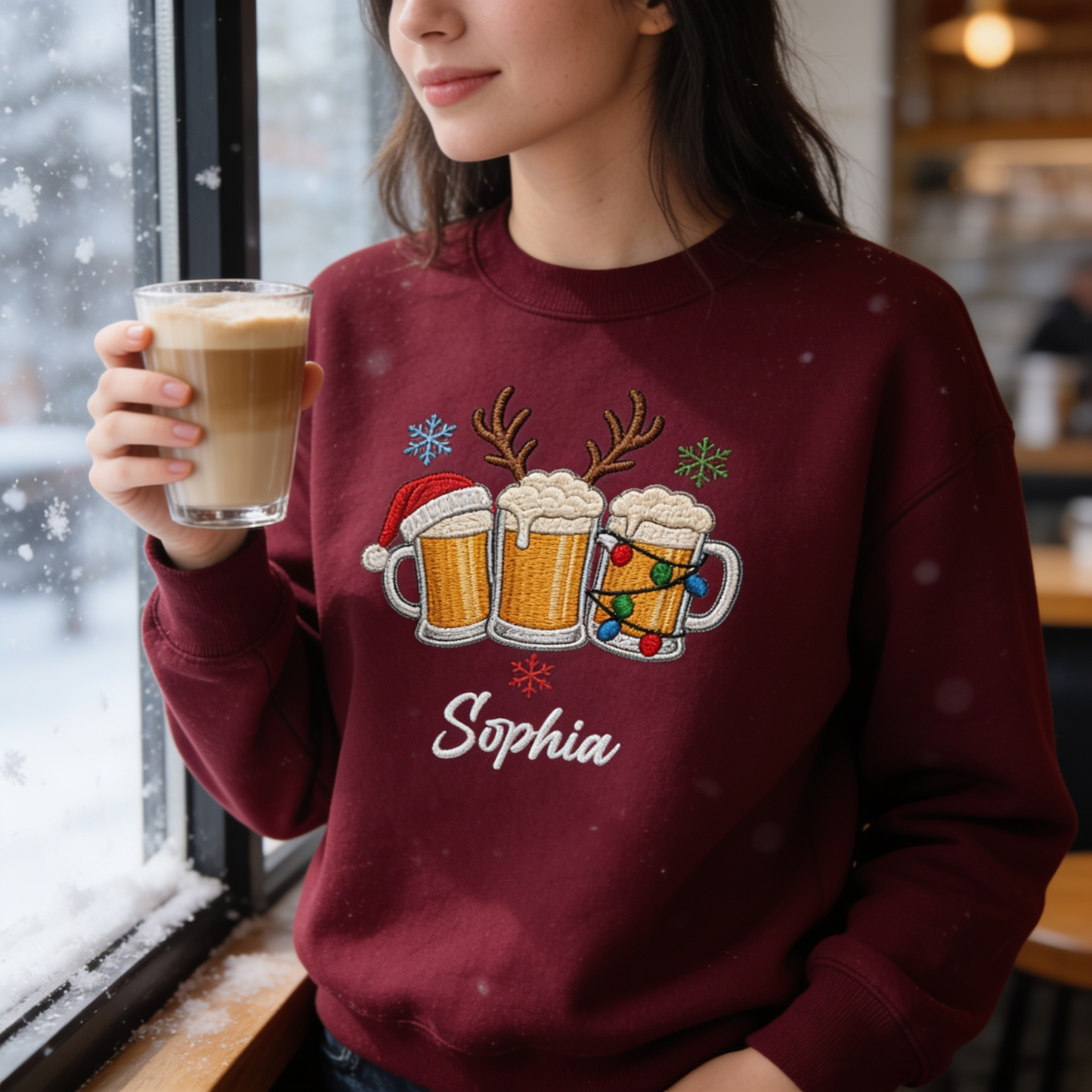 Personalized Embroidered Christmas Beer Mugs Sweatshirt with Custom Name