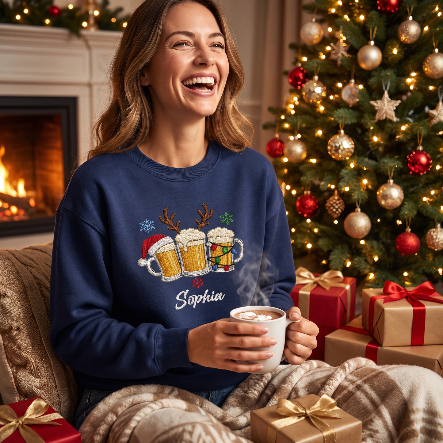 Personalized Embroidered Christmas Beer Mugs Sweatshirt with Custom Name