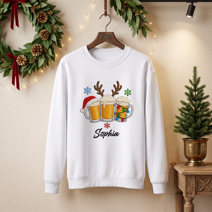Personalized Embroidered Christmas Beer Mugs Sweatshirt with Custom Name