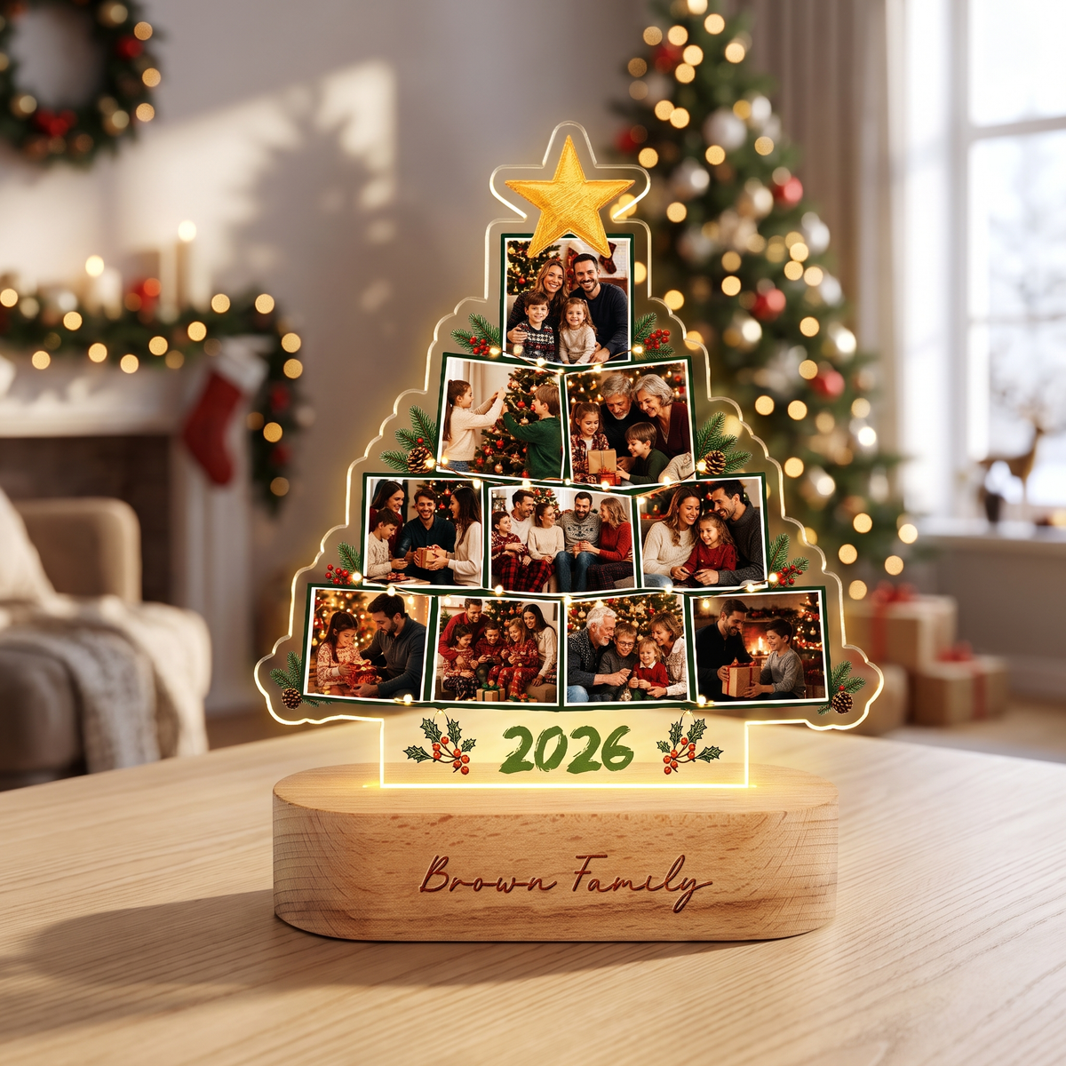Personalized Christmas Tree Photo Night Light | Engraved Wood Base Lamp