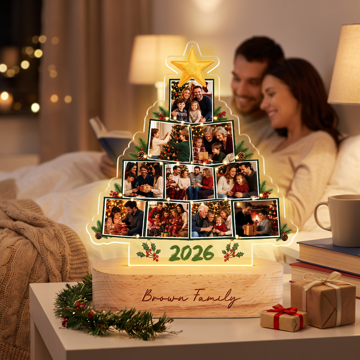 Personalized Christmas Tree Photo Night Light | Engraved Wood Base Lamp