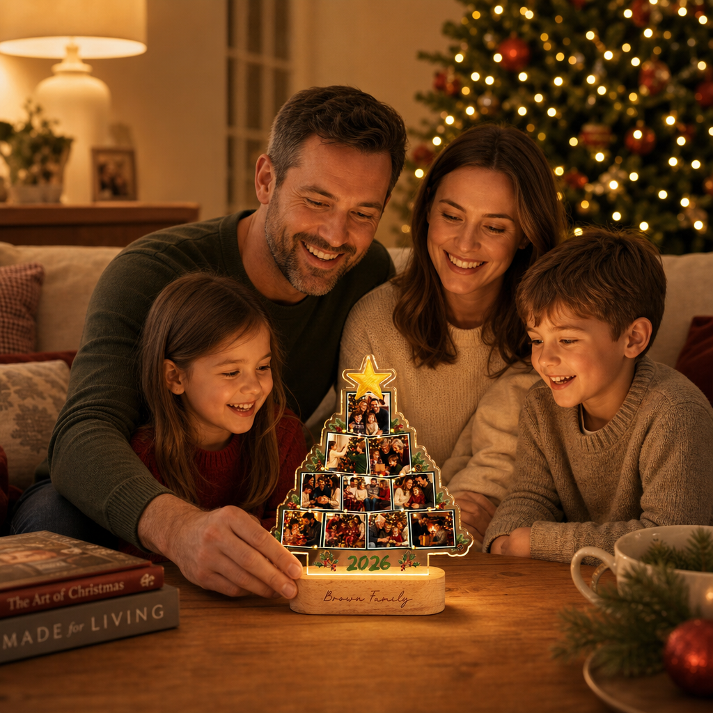 Personalized Christmas Tree Photo Night Light | Engraved Wood Base Lamp