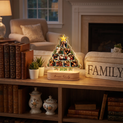 Personalized Christmas Tree Photo Night Light | Engraved Wood Base Lamp