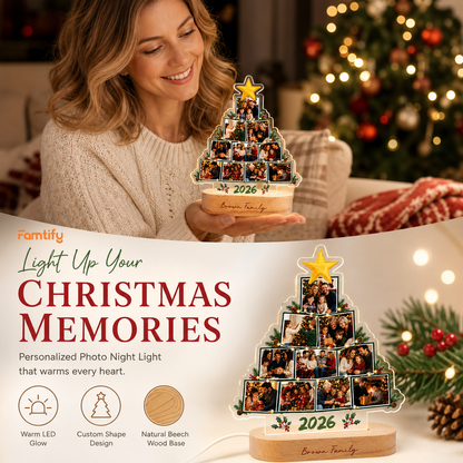 Personalized Christmas Tree Photo Night Light | Engraved Wood Base Lamp
