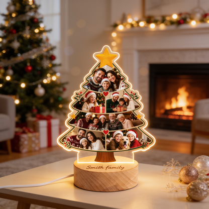 Custom Christmas Tree Photo Collage Night Light - Personalized Family Acrylic LED Lamp with Engraved Round Beech Wood Base