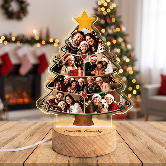 Custom Christmas Tree Photo Collage Night Light - Personalized Family Acrylic LED Lamp with Engraved Round Beech Wood Base