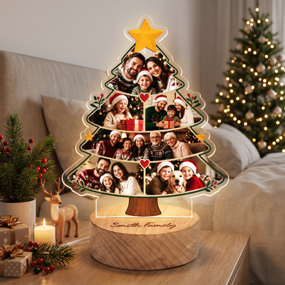 Custom Christmas Tree Photo Collage Night Light - Personalized Family Acrylic LED Lamp with Engraved Round Beech Wood Base