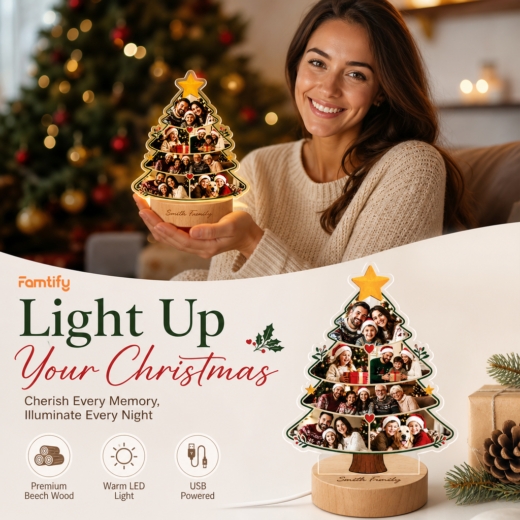 Custom Christmas Tree Photo Collage Night Light - Personalized Family Acrylic LED Lamp with Engraved Round Beech Wood Base